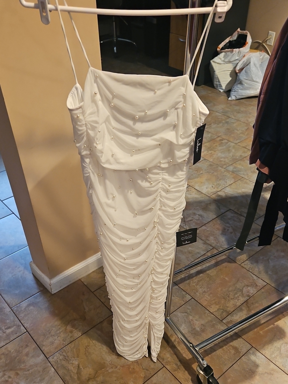 Lulu's White Pearl-Embellished Ruched Maxi Dress